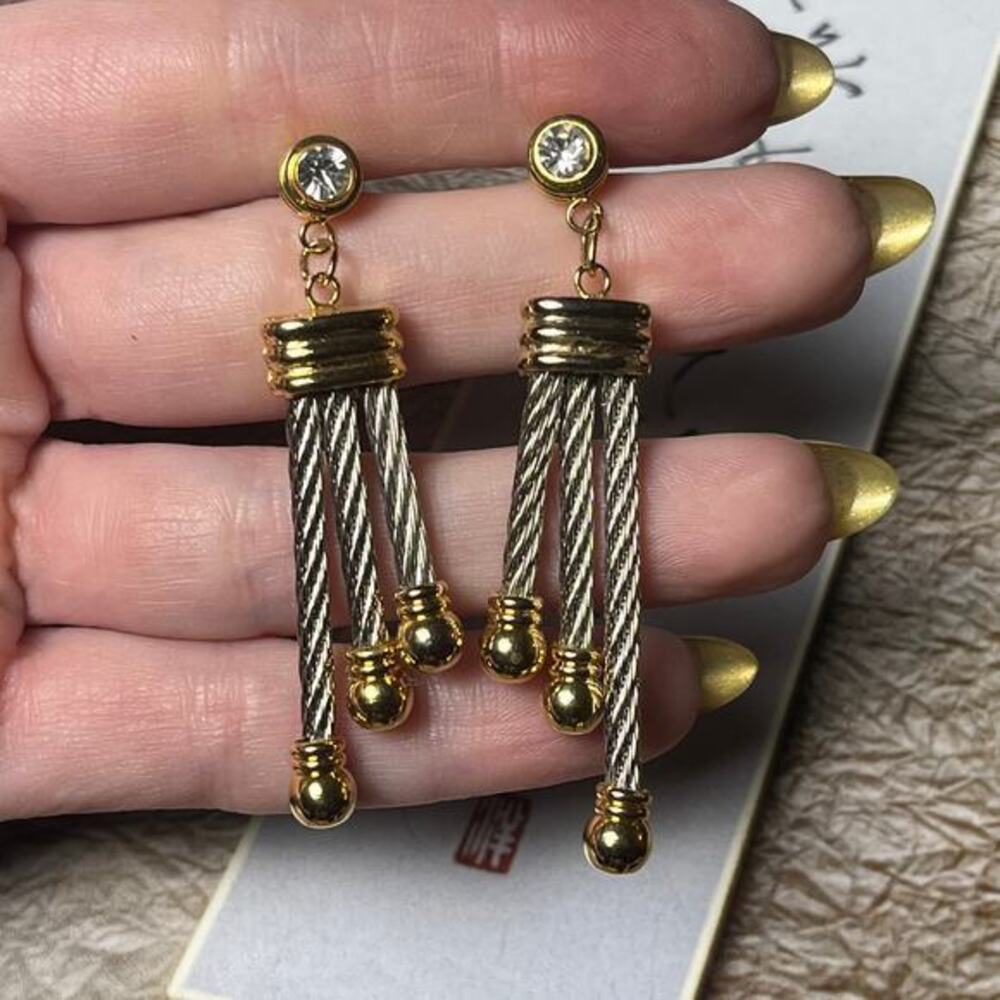 Vintage 90s Two-Tone Silver and Gold CZ Dangle Earrings